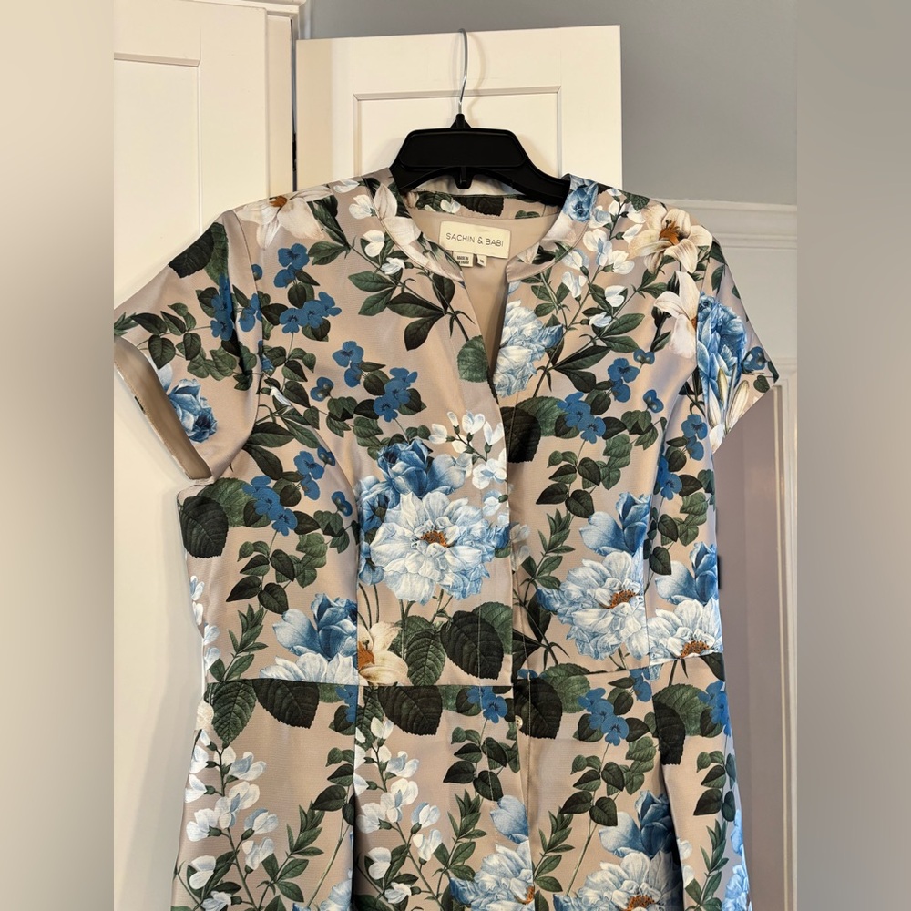 Sachin + Babi Cream Maxi Dress with Blue Floral Print and Green Leaves - Picture 5 of 9